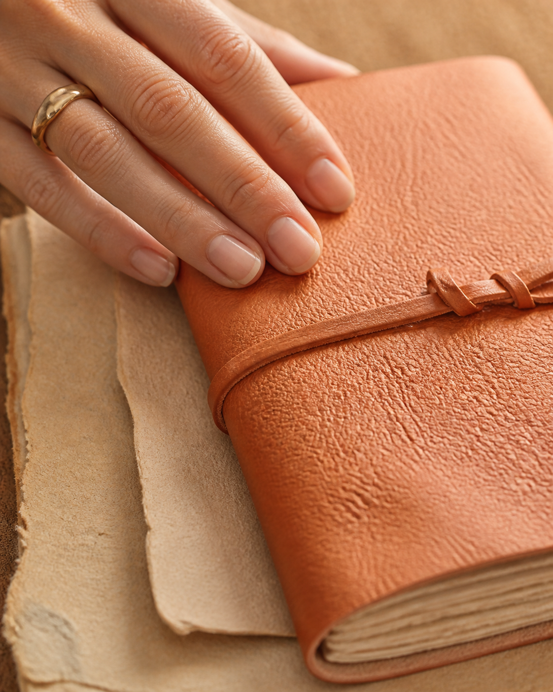 Main sur un carnet en cuir